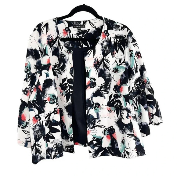 Lane Bryant Black Floral Bell Sleeve Open Front Jacket Blazer Plus Size 26/28P - Picture 1 of 8